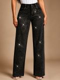 Women Black Wide Leg Full Rhinestone Denim Pants