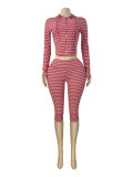Women Striped Zip-Up Hooded Top & Roll Waist Capri Pants Two Piece Set