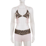 Women Holiday Leopard Halter Neck Lace-Up Bra & Shorts Bikini Two Piece Set for Beach