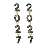 Women Full Rhinestone Number Alloy Long Drop Earrings
