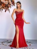 Women Solid Strapless Sequin Beaded Slit Formal Party Evening Dress