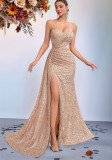 Women Sequin Strapless Sexy Slit Mermaid Formal Party Evening Dress