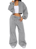 Women Drop Shoulder Puff Sleeve Cropped Hoodie & Wide Leg Pants Two Piece Set