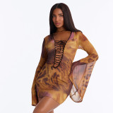 Women Sexy Tie Hollow Out Mesh Long Sleeve Bell Bottom Bodycon Mini Dress