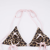 Women Holiday Leopard Halter Neck Lace-Up Bra & Shorts Bikini Two Piece Set for Beach