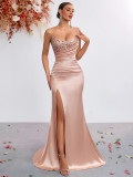 Women Solid Strapless Sequin Beaded Slit Formal Party Evening Dress