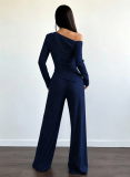 Women Solid Slash Shoulder Casual Long Sleeve Top & Long Pants Two Piece Set