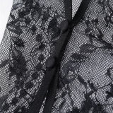 Women Eyelash Lace Trim Hollow Out See-Through Slip Lingerie Two Piece Set