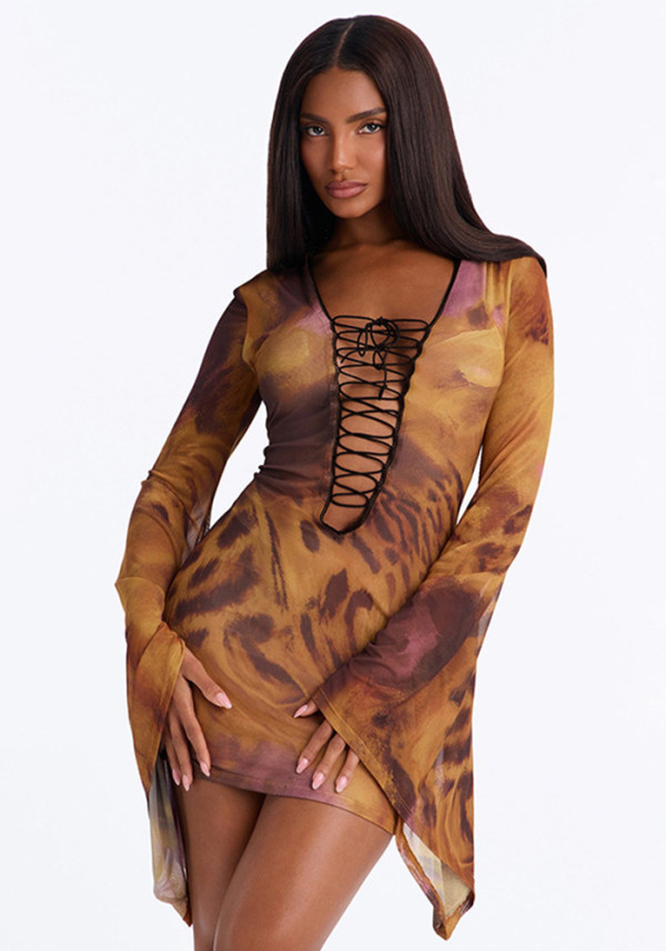 Women Sexy Tie Hollow Out Mesh Long Sleeve Bell Bottom Bodycon Mini Dress