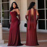 Women Strapless Elegant Cowl Neck Ruched Mermaid Dress