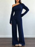 Women Solid Slash Shoulder Casual Long Sleeve Top & Long Pants Two Piece Set