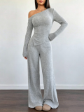Women Solid Slash Shoulder Casual Long Sleeve Top & Long Pants Two Piece Set