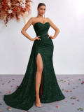 Women Sequin Strapless Sexy Slit Mermaid Formal Party Evening Dress