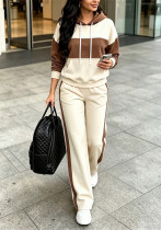 Women Spring Autumn Color Block Hoodies & Long Pants Casual Two Piece Set