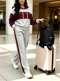 Women Spring Autumn Color Block Hoodies & Long Pants Casual Two Piece Set