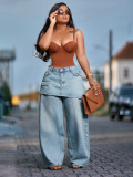 Women American Style Fake Two-Piece Denim Wide-Leg Pant
