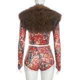 Women Autumn Winter Sexy Printed Furry Collar Tie Long Sleeve Top & Shorts Two Piece Set