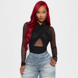 Women Solid Color Sexy Patchwork Mesh Cross Halter Neck Long Sleeve Jumpsuit