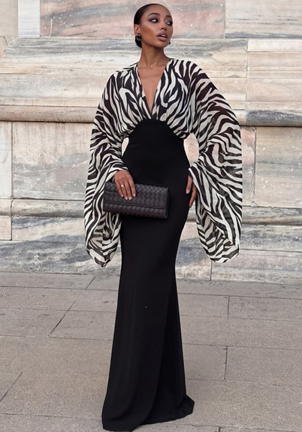Women Fall Patchwork Bell Sleeve Sexy V Neck Mermaid Dress
