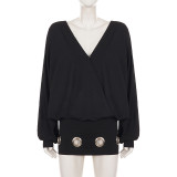 Women French V Neck Hollow Out Batwing Long Sleeve Bodycon Dress