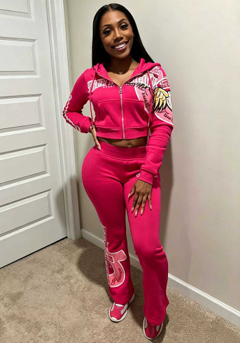 Women Printed Zipper Hoodies & Bell Bottom Pant Two Piece Set