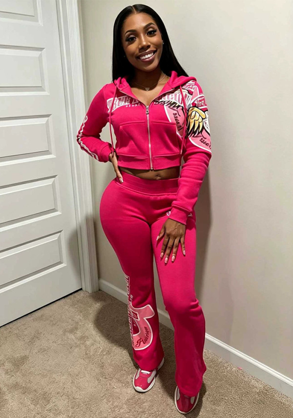 Women Printed Zipper Hoodies & Bell Bottom Pant Two Piece Set