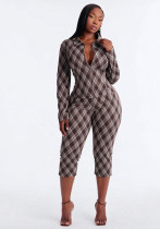Women Fall Turndown Collar Zipper Long Sleeve Top & Plaid Print Capri Pants Two Piece Set Women Fall Turndown Collar Zipper Long Sleeve Top & Plaid Print Capri Pants Two Piece Set