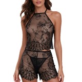 Women Eyelash Lace Trim Hollow Out See-Through Slip Lingerie Two Piece Set