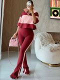 Women Casual Color Block Turndown Collar Polo Top & Side Stripe Pant Two Piece Set