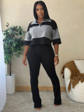 Women Casual Color Block Turndown Collar Polo Top & Side Stripe Pant Two Piece Set