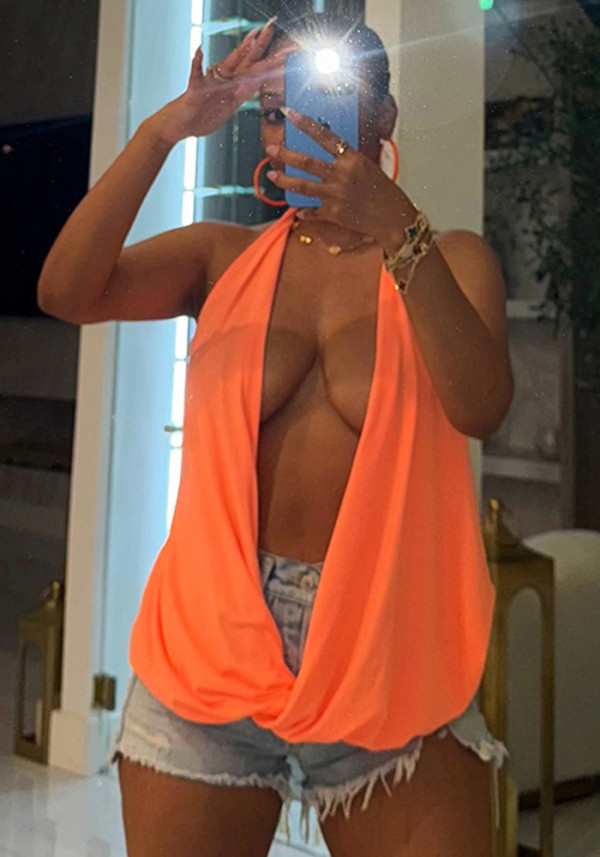 Women Solid Color Hollow Out Sexy Draped Collar Sleeveless Top