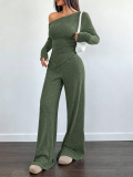 Women Solid Slash Shoulder Casual Long Sleeve Top & Long Pants Two Piece Set