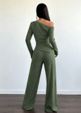 Women Solid Slash Shoulder Casual Long Sleeve Top & Long Pants Two Piece Set