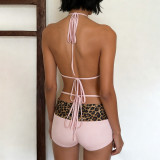 Women Holiday Leopard Halter Neck Lace-Up Bra & Shorts Bikini Two Piece Set for Beach