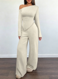 Women Solid Slash Shoulder Casual Long Sleeve Top & Long Pants Two Piece Set