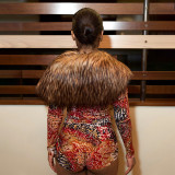 Women Autumn Winter Sexy Printed Furry Collar Tie Long Sleeve Top & Shorts Two Piece Set