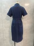 Women Turndown Collar Short Sleeve Denim Bodycon Dress