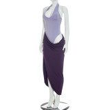 Women Faux Two-Piece Color Block Halter Neck Slit Asymmetrical Dress