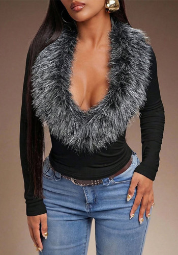 Women Autumn Winter Sexy Furry Collar V Neck Long Sleeve Top