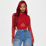 Women Solid Color Sexy Patchwork Mesh Cross Halter Neck Long Sleeve Jumpsuit