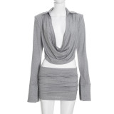 Women Autumn Winter Draped Collar Long Sleeve Top & Skirt Two Piece Set