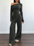 Women Solid Slash Shoulder Casual Long Sleeve Top & Long Pants Two Piece Set