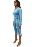 Women Velvet Color Block White Stripe Turndown Collar Zipper Top & Capri Pants Two Piece Set
