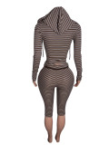 Women Striped Zip-Up Hooded Top & Roll Waist Capri Pants Two Piece Set