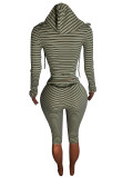 Women Striped Zip-Up Hooded Top & Roll Waist Capri Pants Two Piece Set