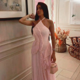 Women Summer Casual Holiday Halter Neck Tie Slit Dress