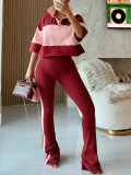 Women Casual Color Block Turndown Collar Polo Top & Side Stripe Pant Two Piece Set