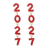 Women Full Rhinestone Number Alloy Long Drop Earrings