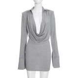 Women Autumn Winter Draped Collar Long Sleeve Top & Skirt Two Piece Set
