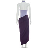 Women Faux Two-Piece Color Block Halter Neck Slit Asymmetrical Dress